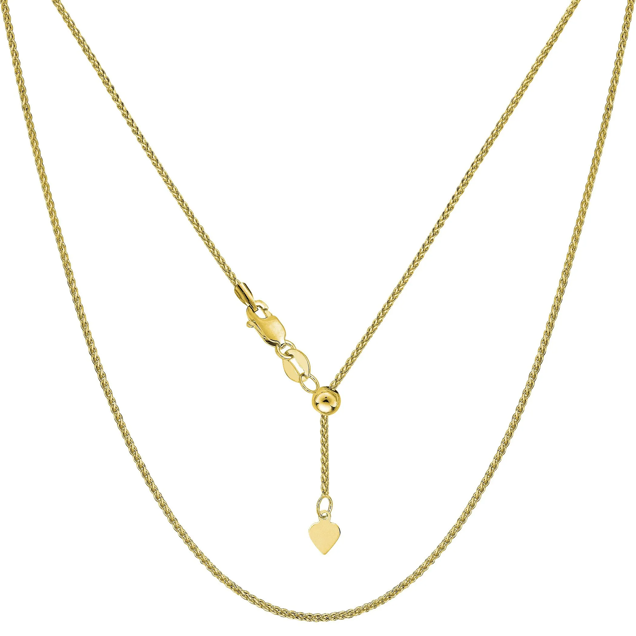 10k Yellow Gold Adjustable Wheat Chain Necklace, 1mm Thickness, 22-Inch Length, Lobster Clasp