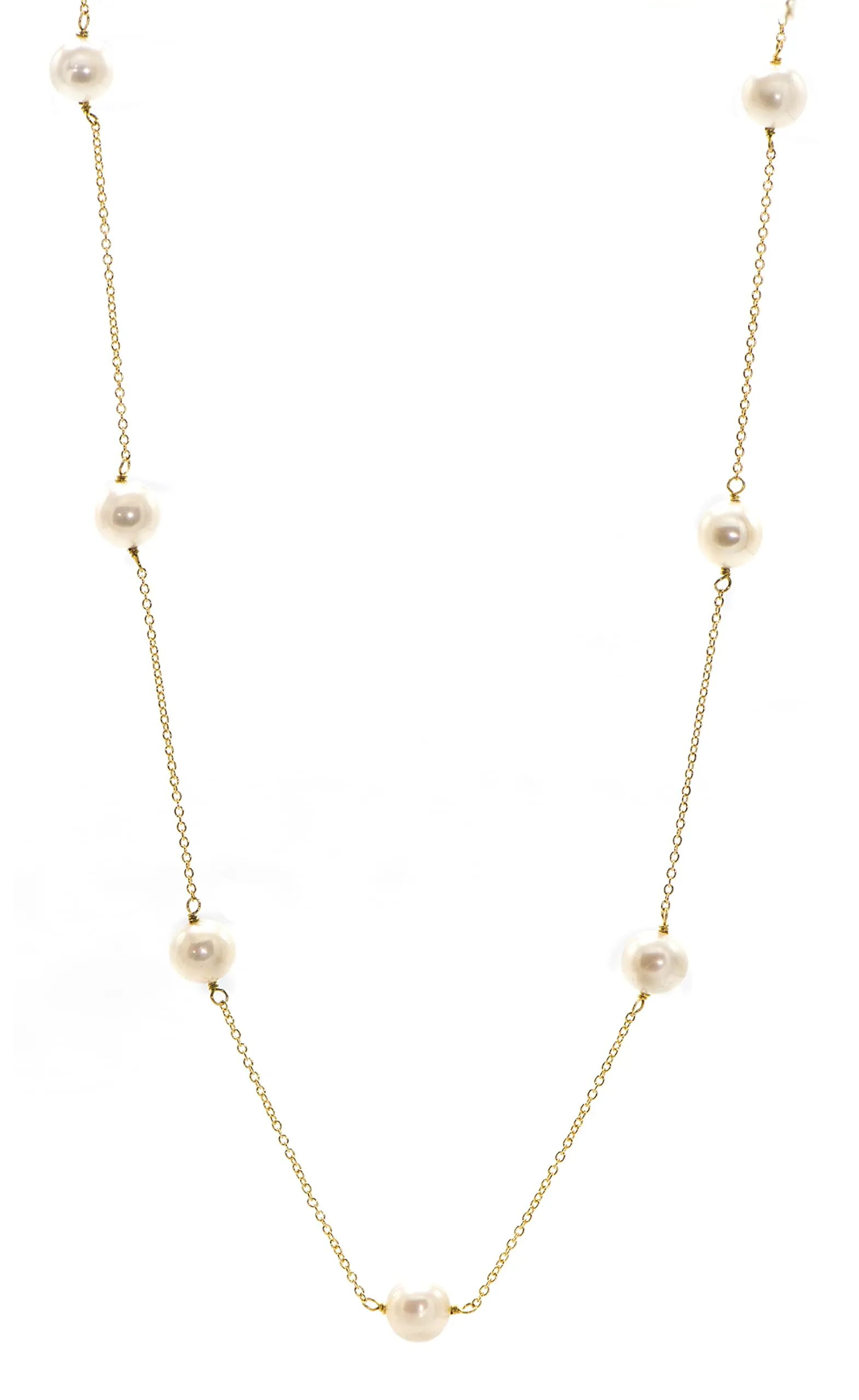 14k Gold-plated Sterling Silver Cable Chain Necklace with White Freshwater Pearl Stations, 18'