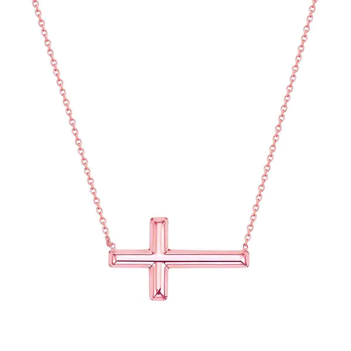 14K Pink Rose Gold Sideways Cross Necklace Adjustable 16-18 Inches - Hypoallergenic & Stylish