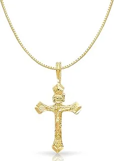 14K Yellow Gold Religious Crucifix Charm Pendant Necklace with 0.6mm Box Chain