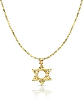 14K Yellow Gold Star of David Charm Pendant with 0.9mm Wheat Chain Necklace