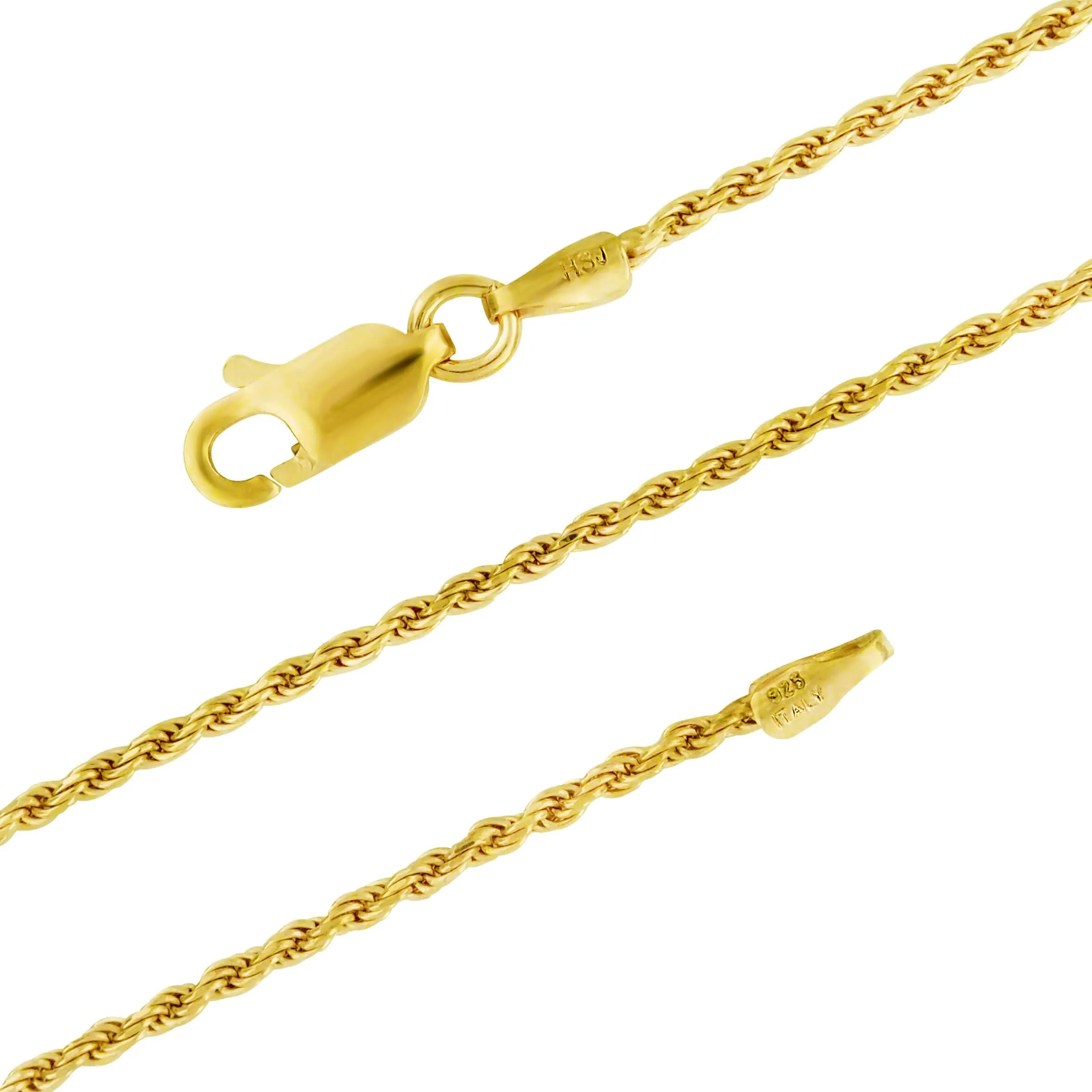 14kt Yellow Gold Plated Sterling Silver 1.3mm Diamond-Cut Rope Chain Necklace 14-36 Inch