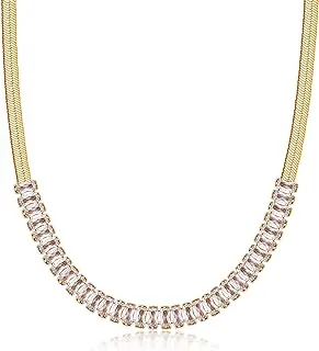 18K Gold Plated Crystal Herringbone Necklace, 4mm Thick, Adjustable 16-20' Chain Length