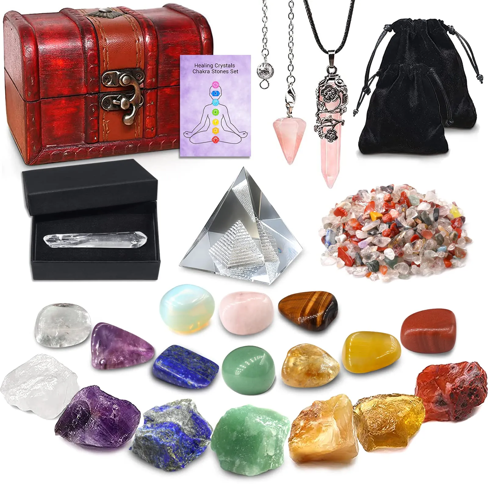 23PCS Natural Crystals Set with Chakra Stones, Tumbled Stones, Pink Necklace & Healing Pendulum