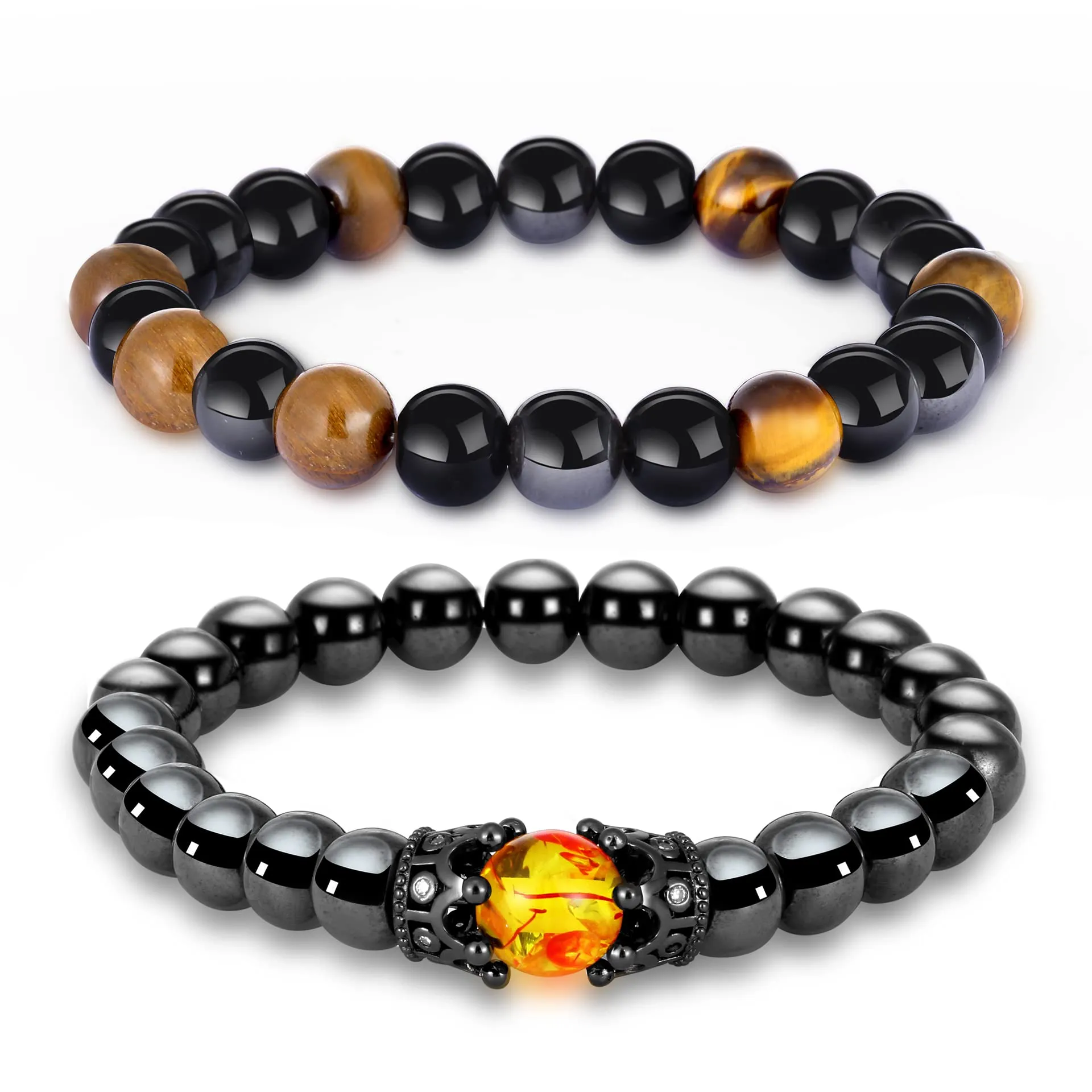 2Pcs Adjustable Black Obsidian Magnetic Therapy Bracelets for Stress Relief, Lymphatic Drainage