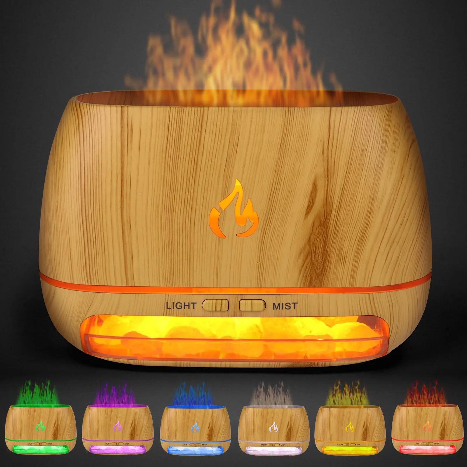 3-in-1 Himalayan Salt Rock Essential Oil Diffuser, Ultrasonic Flame Diffuser, 200ml Wood Grain