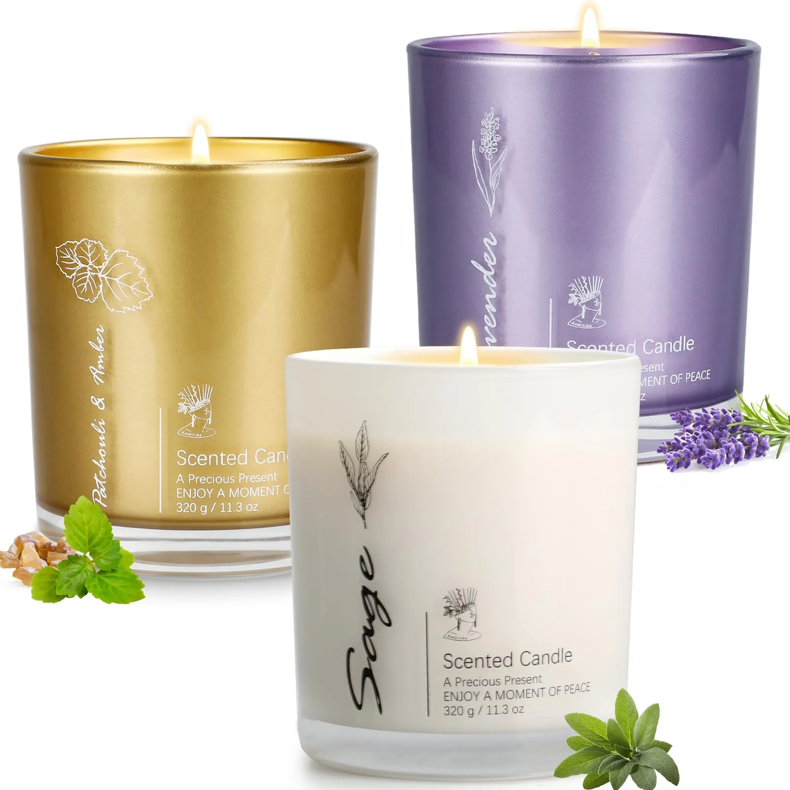 34 oz Scented Candles Set, 3 Pack Lavender/Patchouli & Amber/Sage, 210 Hours Aromatherapy Gift