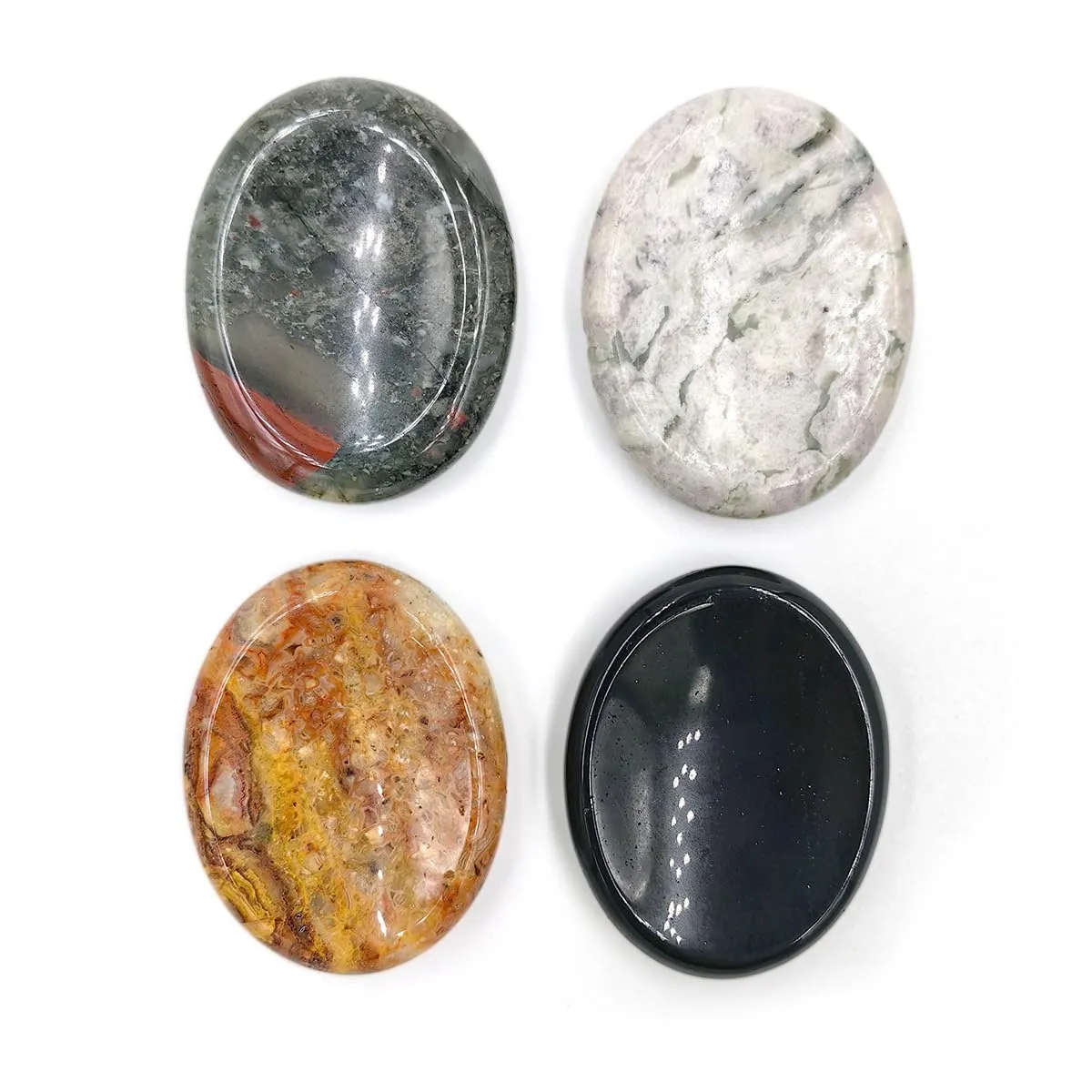 4 PCS Thumb Pocket Stones Set - Obsidian, African Bloodstone, Crazy Agate, Chrysoprase