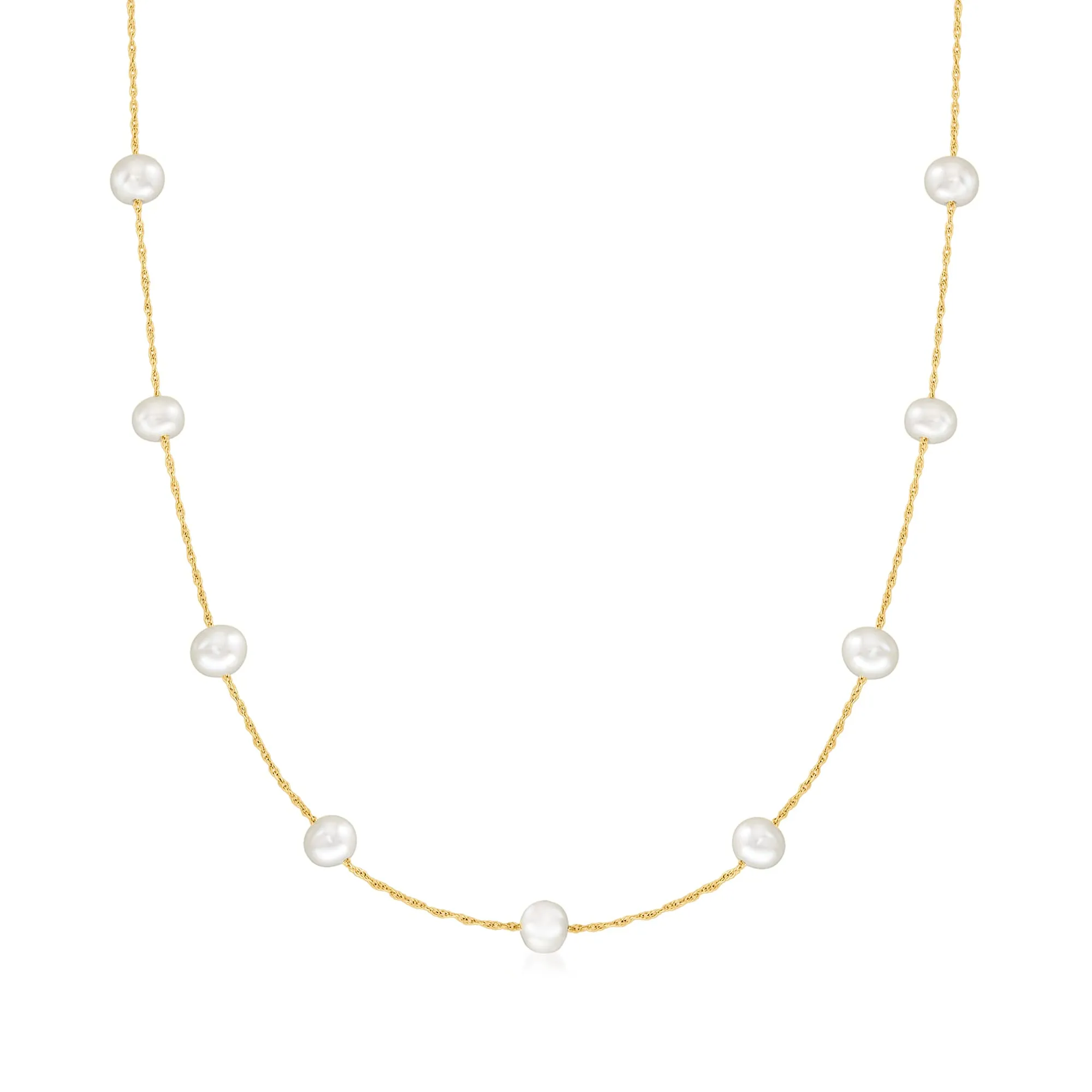 5-5.5mm Cultured Pearl Station Necklace in 14kt Yellow Gold - Unique Freshwater Pearls