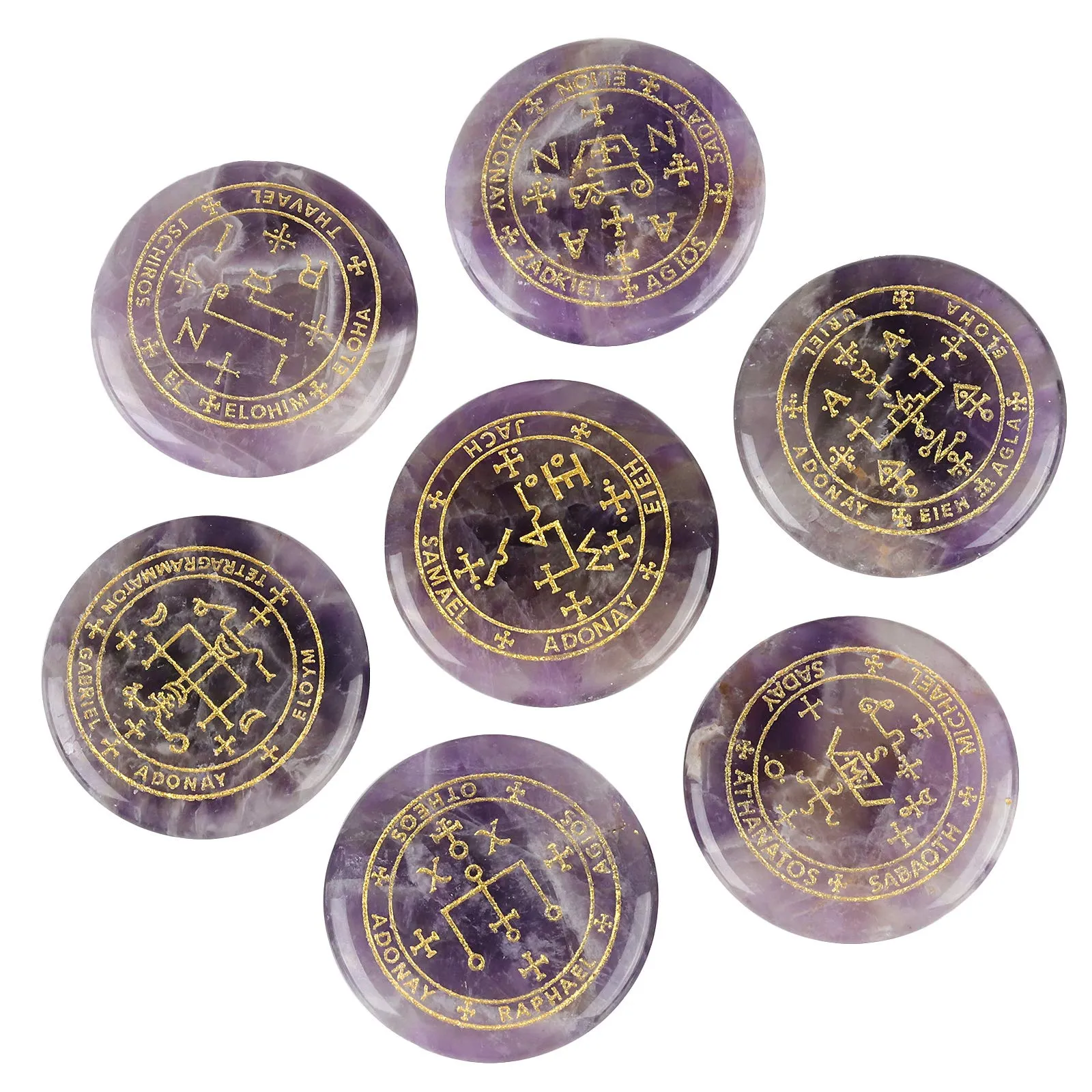 7-Piece Amethyst Palm Stones with Engraved Magic Archangel Symbols for Reiki Healing