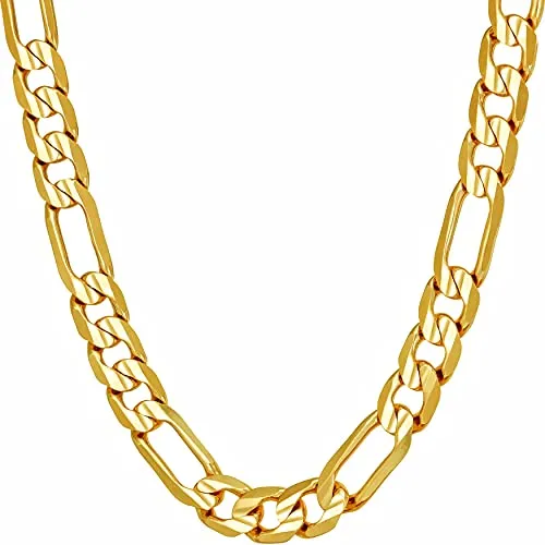 7mm Figaro Chain Necklace 24k Gold Plated, 18 Inches, Lifetime Replacement Guarantee, Unisex