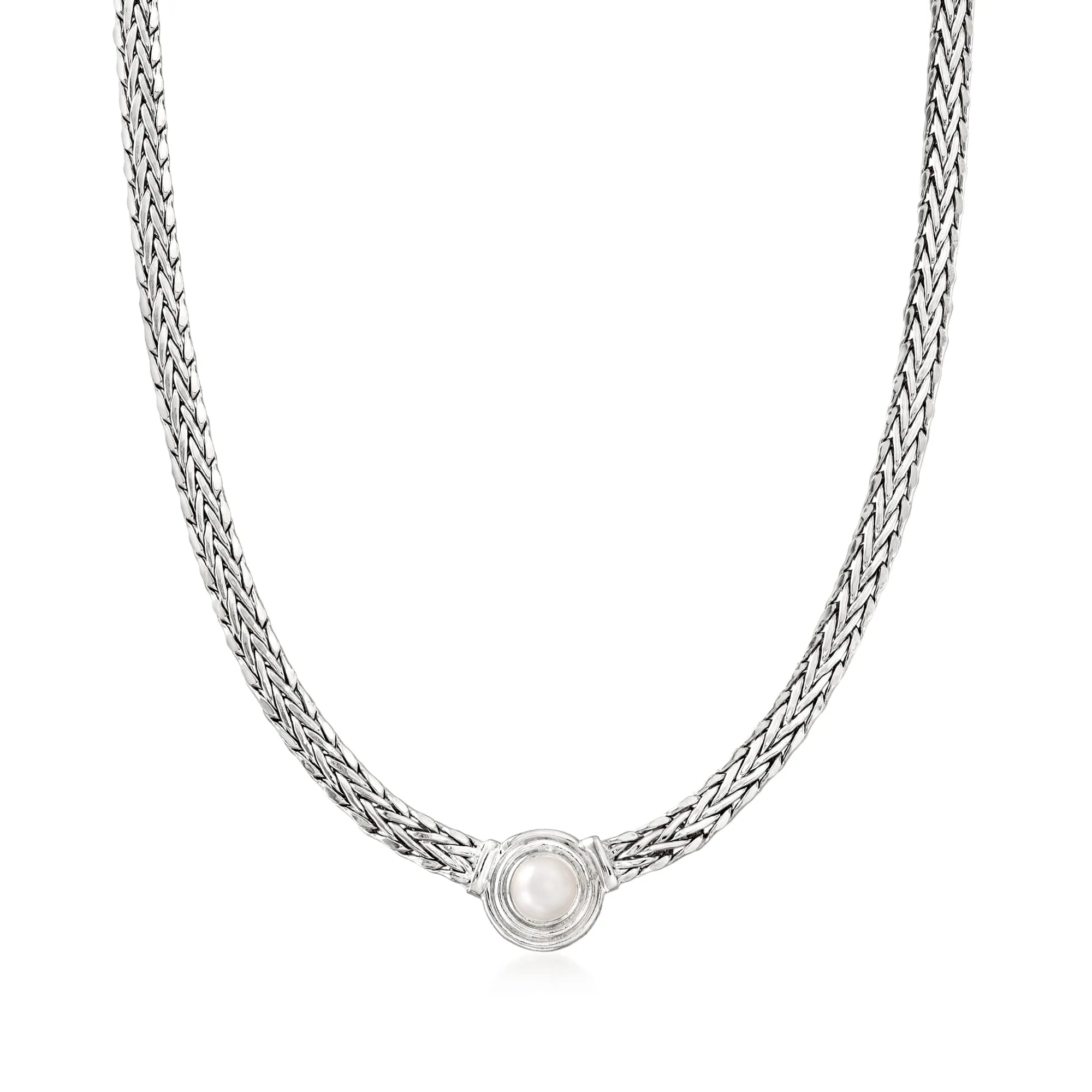 8mm Cultured Pearl Flat Wheat-Chain Necklace in Sterling Silver - Elegant Women's Jewelry