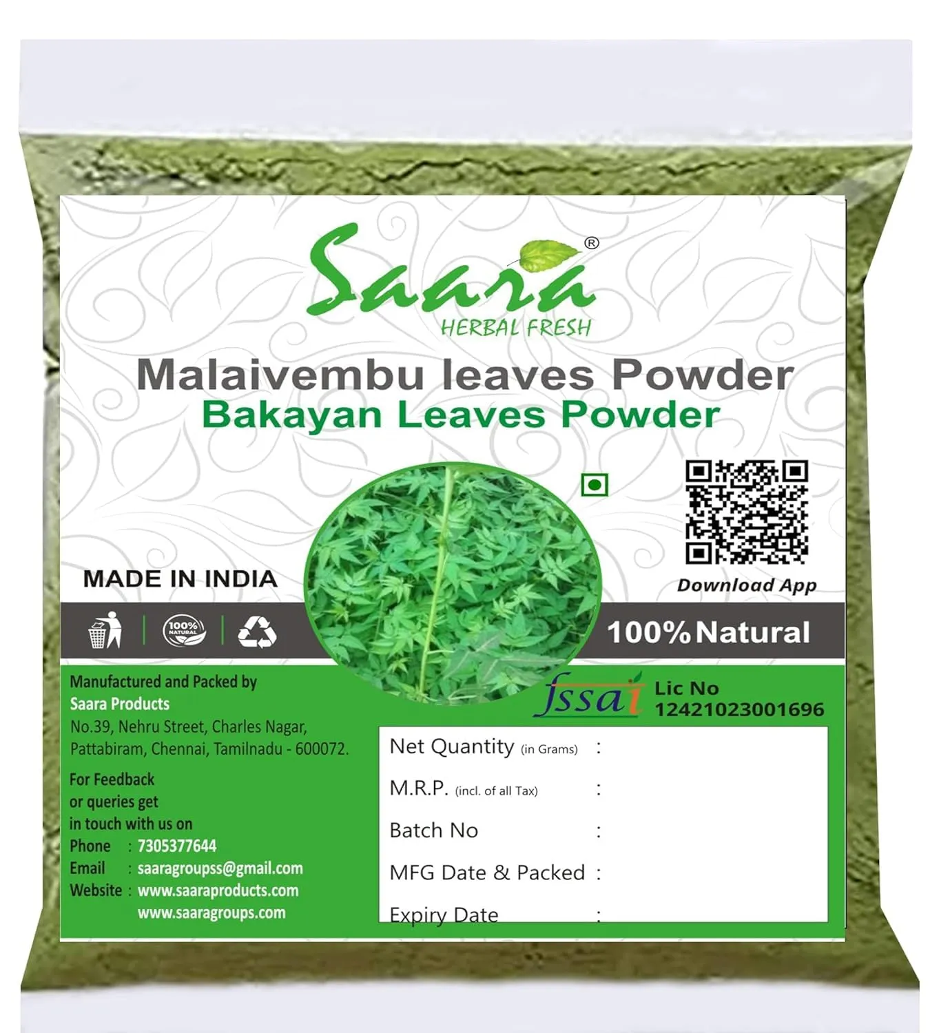 Aarna Herbal Fresh Malaivembu Leaves Powder 200g - Bakayan, Chinaberry, Melia Azedarach