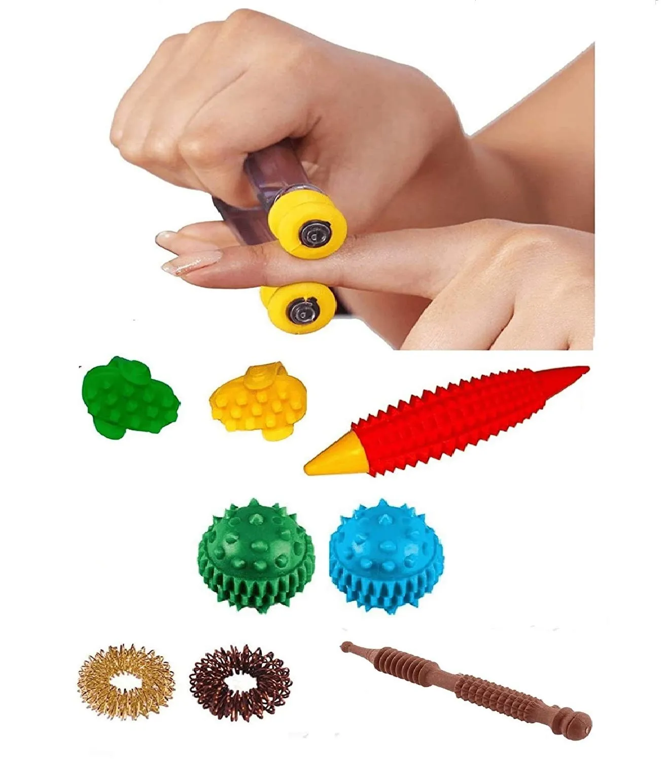 Acupressure Finger Massager Combo Kit with Sujok Ring, Power Ball, K-Roll & Wooden Jimmy