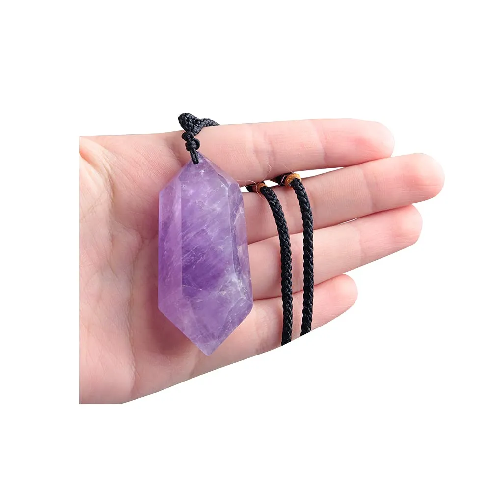 Acxico Natural Purple Amethyst Quartz Crystal Pendant Healing DT Gemstone Wand Reiki