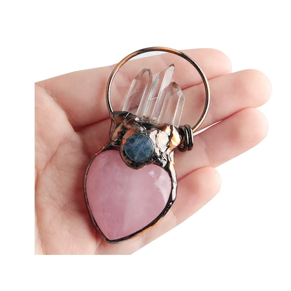 Acxico Natural Rose Quartz Crystal Heart Carved Pendant, Clear Quartz Point Healing Gift