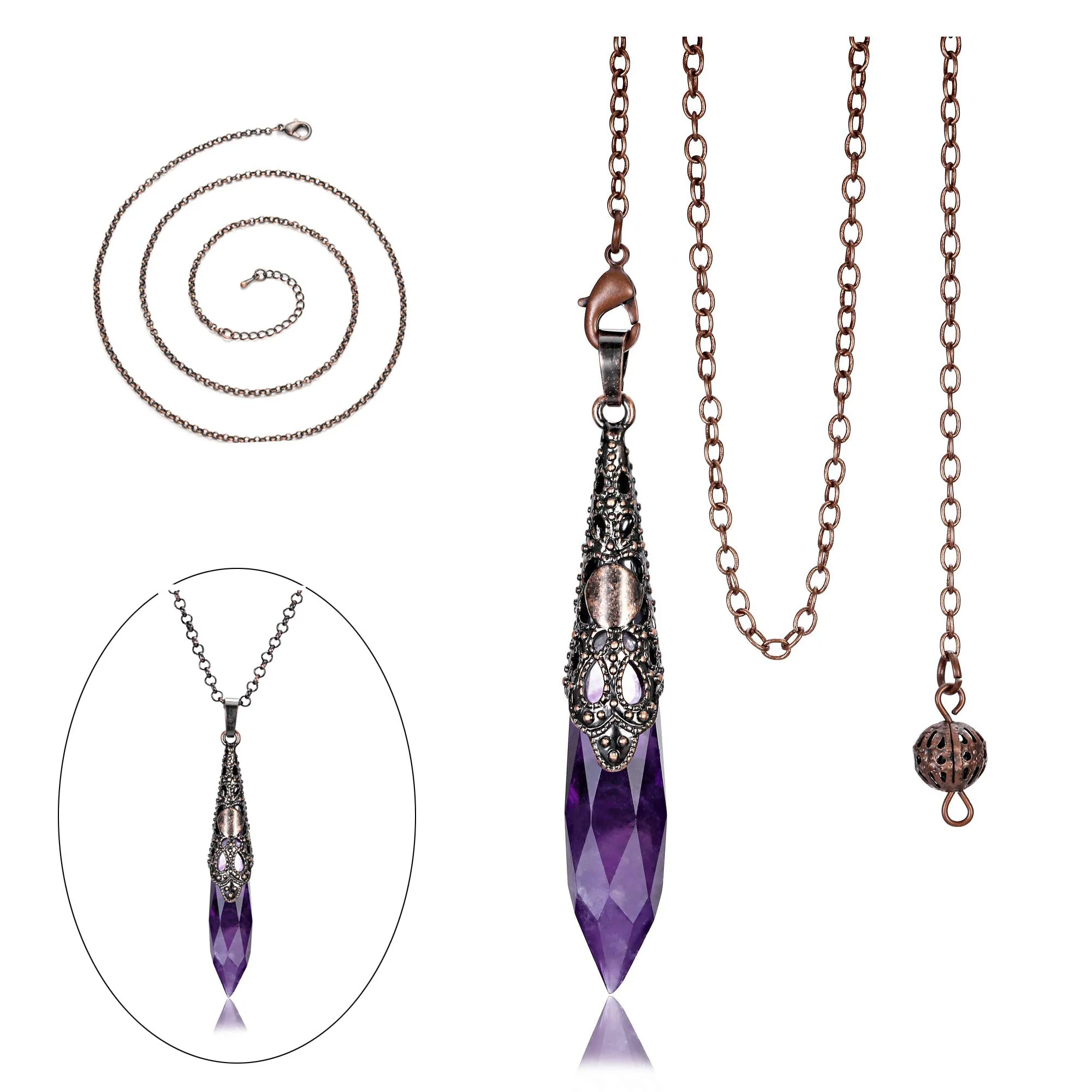 Amethyst Dowsing Pendulum Necklace with Bronze Chain for Divination, Meditation, and Wicca