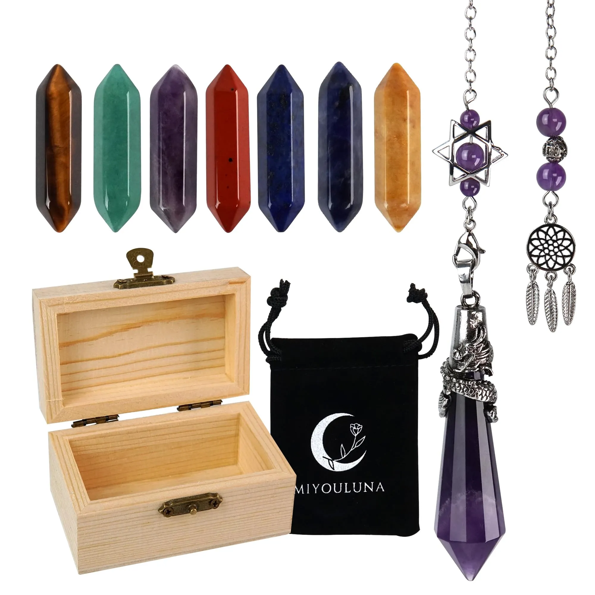 Amethyst Dragon Pendulum & 7 Chakra Crystal Wands Set for Dowsing, Reiki, Meditation