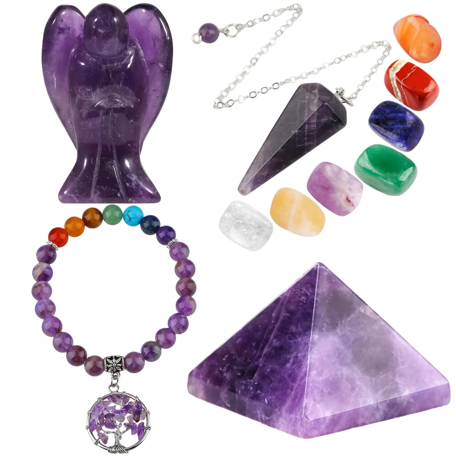 Amethyst Healing Crystals Set with 7 Chakra Bracelet, Palm Stones, Pendulum, Pocket Angel