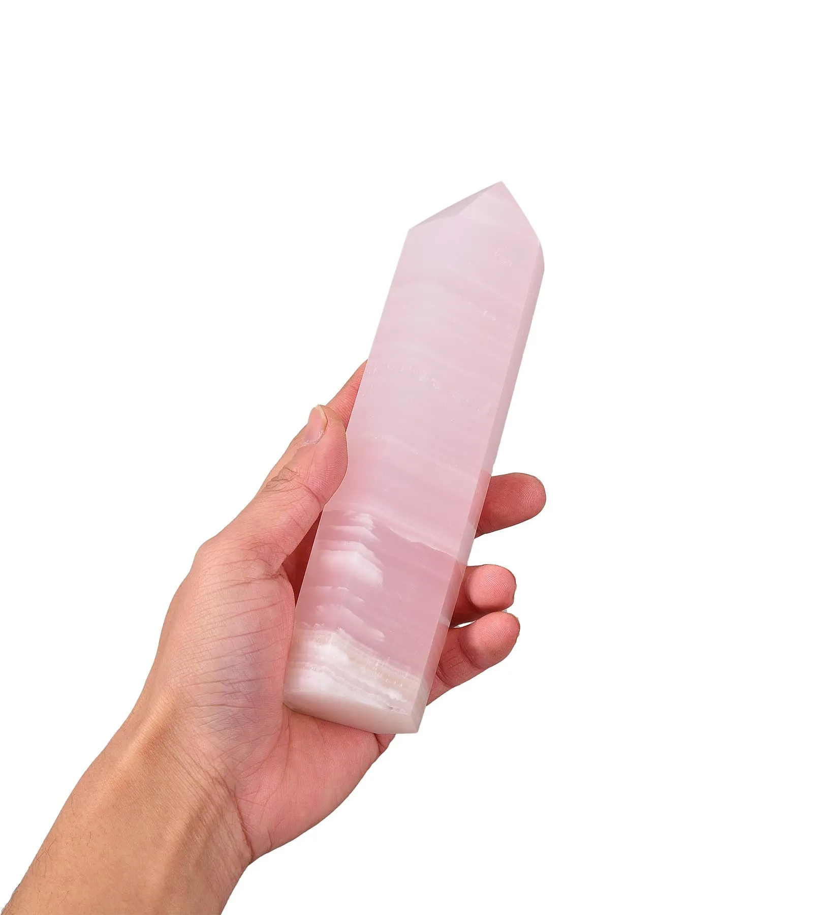 AMOYSTONE Pink Calcite Healing Crystal Hexagonal Obelisk Wand - 5-7 Inch, 1-1.7 Lbs