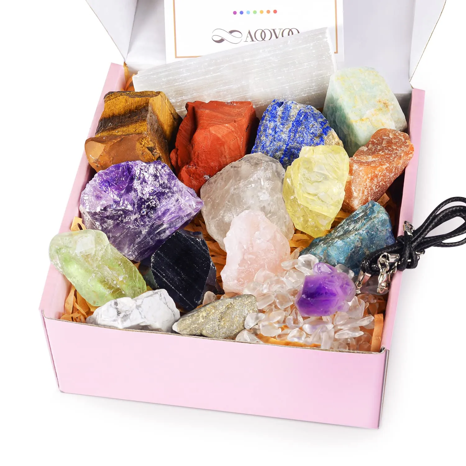 AOOVOO 17Pcs Crystals & Healing Stones Set with Amethyst Necklace & Selenite Charging Plate