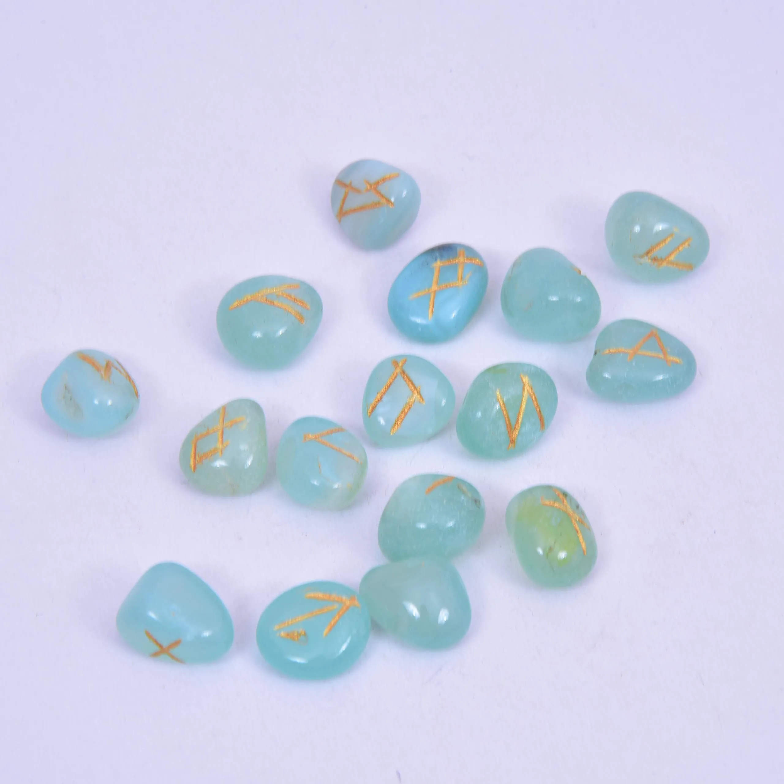 Aquamarine Rune Set 25 Engraved Stones for Meditation & Divination, 15-25mm Blue Crystals