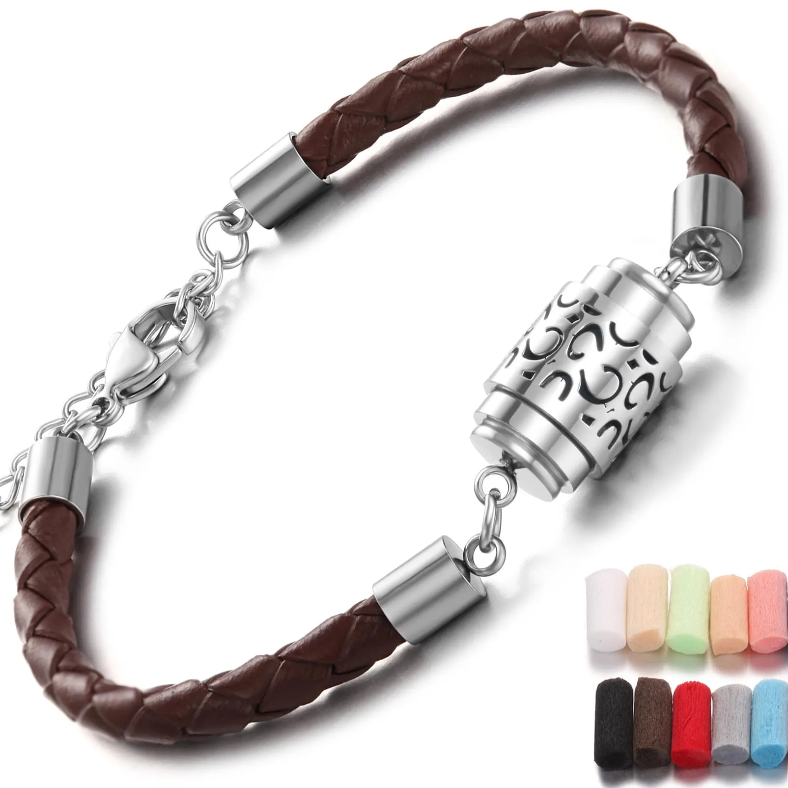 Aromatherapy Essential Oil Diffuser Bracelet - 316L Stainless Steel Adjustable Brown Aroma Bracelet