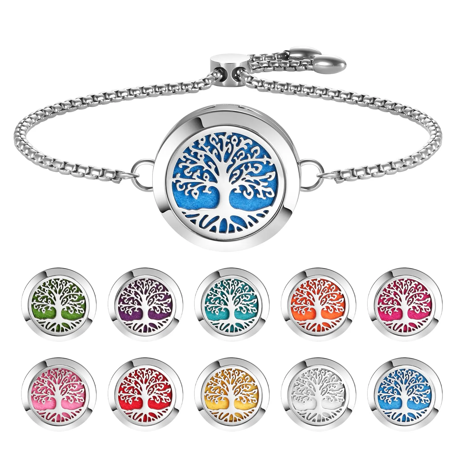 Aromatherapy Essential Oil Diffuser Bracelet - Tree of Life Locket, Adjustable Silver Jewelry