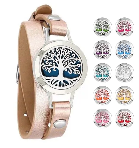 Aromatherapy Essential Oil Diffuser Bracelet, Tree of Life Pattern, Adjustable Leather Band