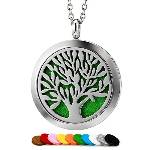 Aromatherapy Essential Oil Diffuser Necklace - 316L Stainless Steel, 24' Chain, Tree Design