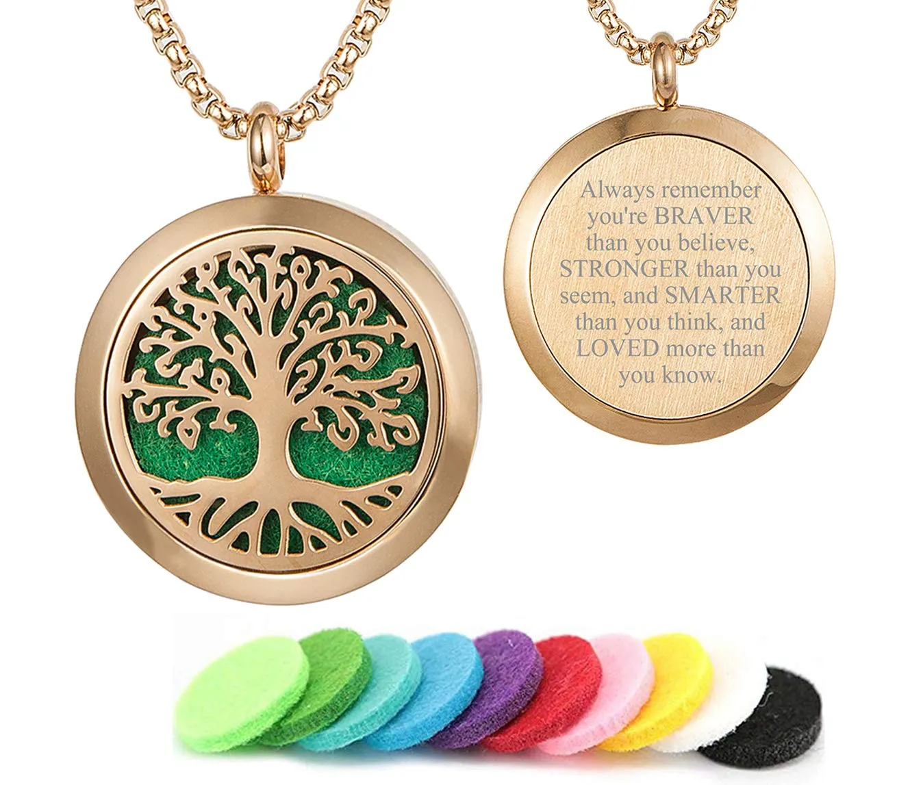 Aromatherapy Essential Oil Diffuser Necklace Tree of Life Locket Pendant, Stainless Steel, 30mm