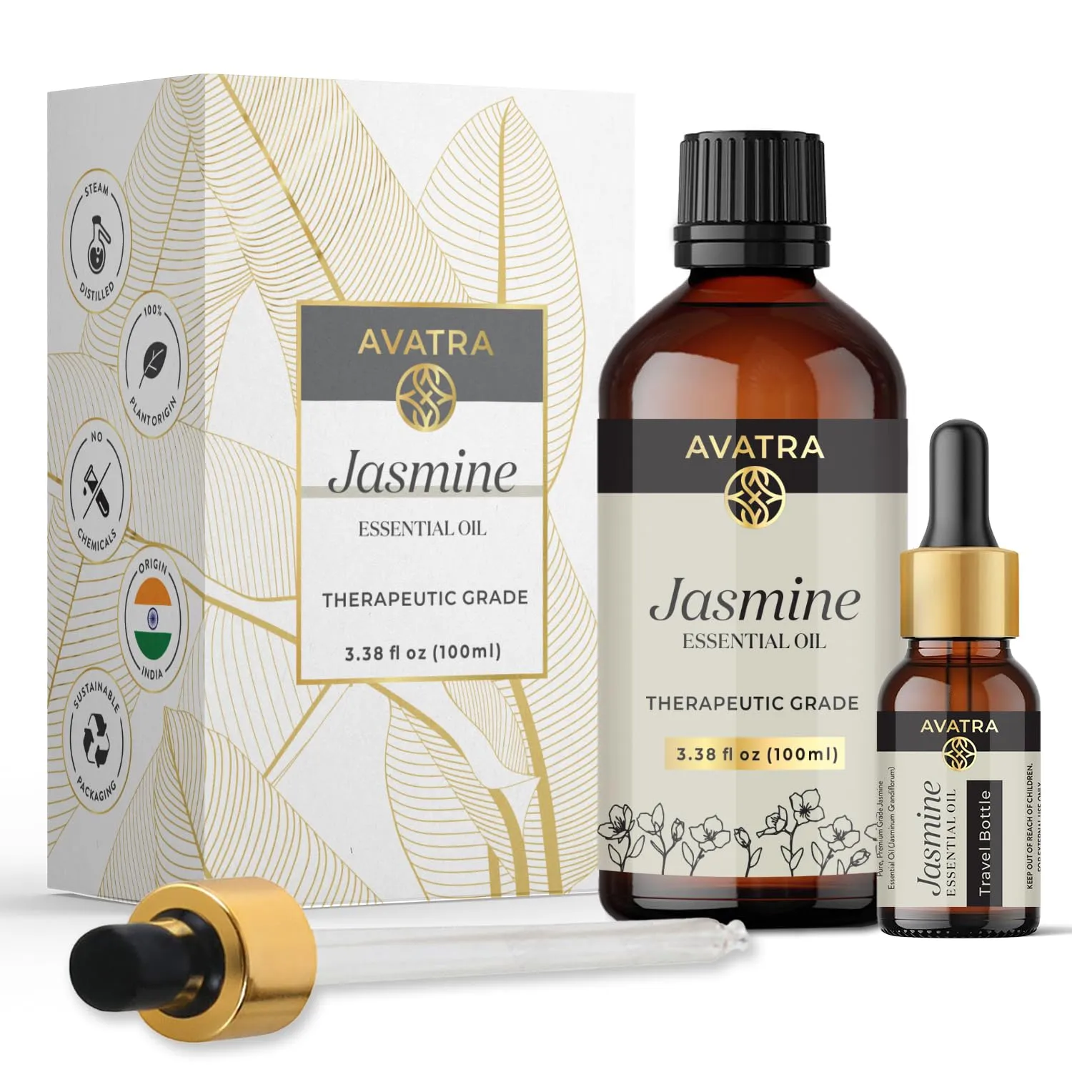 Avatra Pure Jasmine Essential Oil 3.38Oz - Aromatherapy, Perfume, Travel Bottle Included