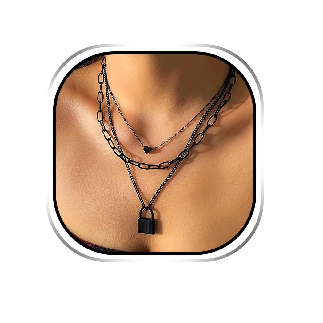 Black Layered Chain Necklace with Lock and Heart Pendant for Women