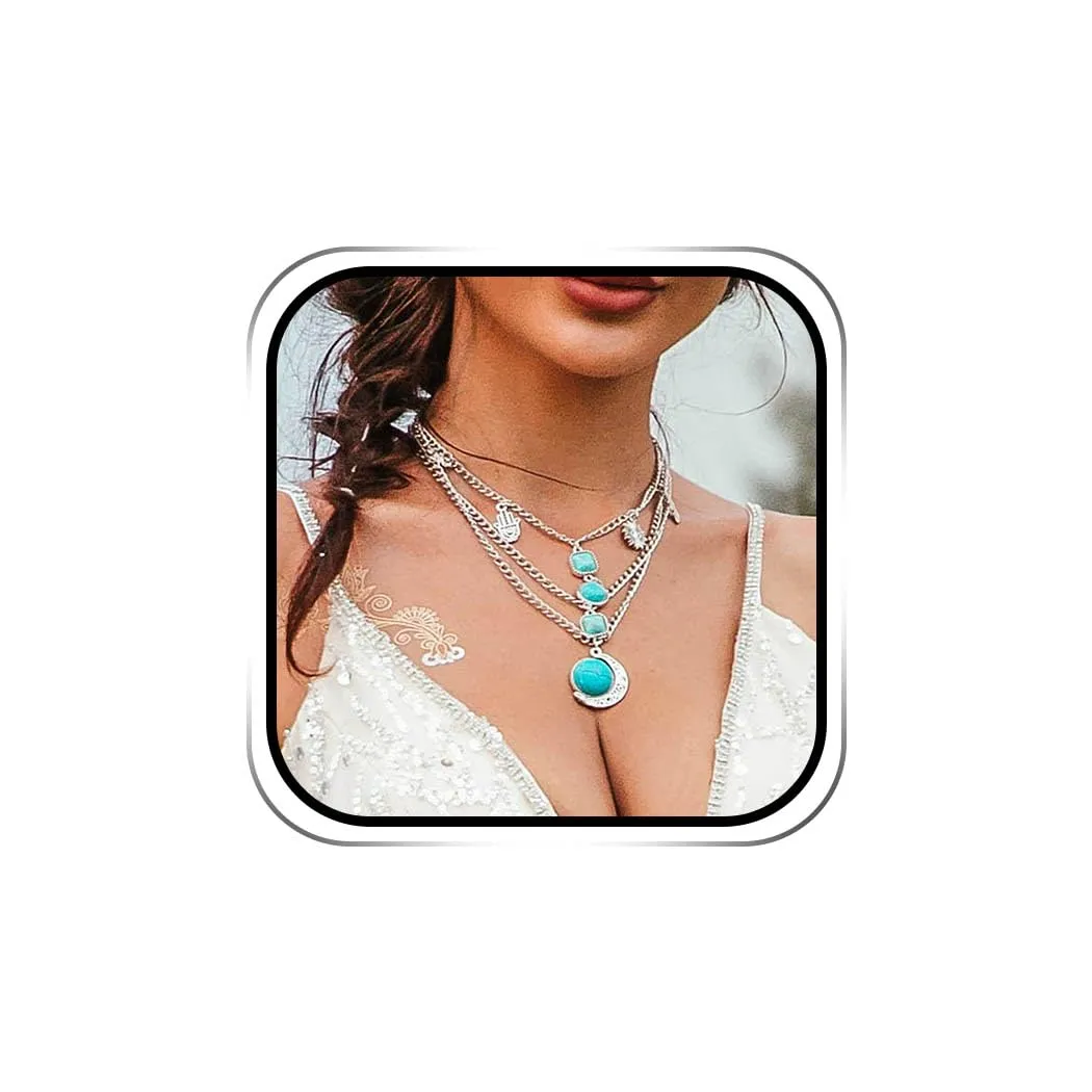 Boho Layered Turquoise Pendant Necklace, 16-20 in Silver Beach Jewelry for Women