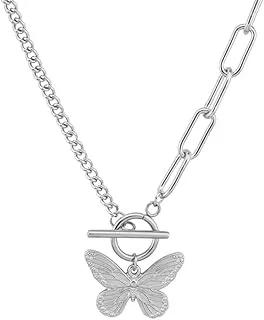 Butterfly Charms Necklace with Stainless Steel Toggle Clasp - Chunky Chain Jewelry