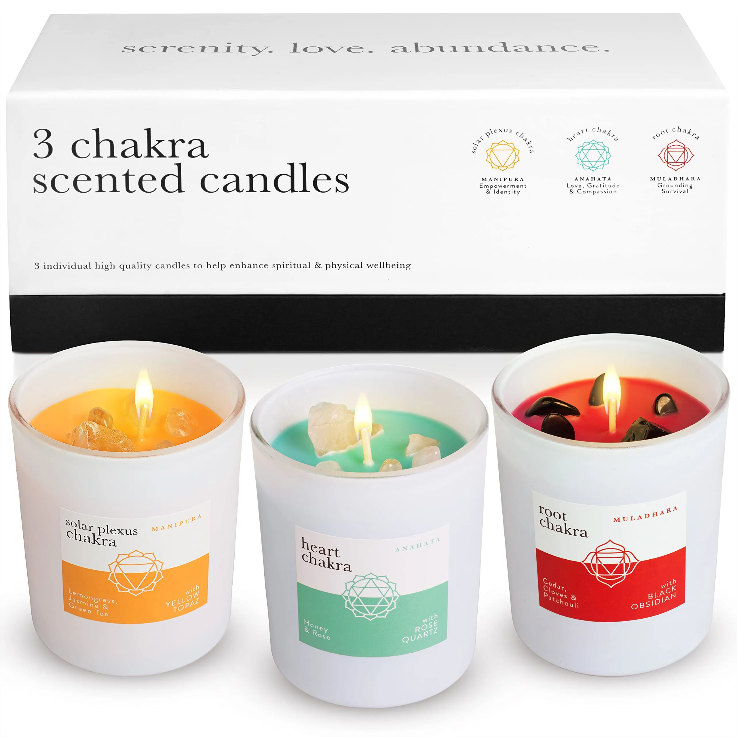 Chakra Abundance Candle Box Set of 3 with Crystals