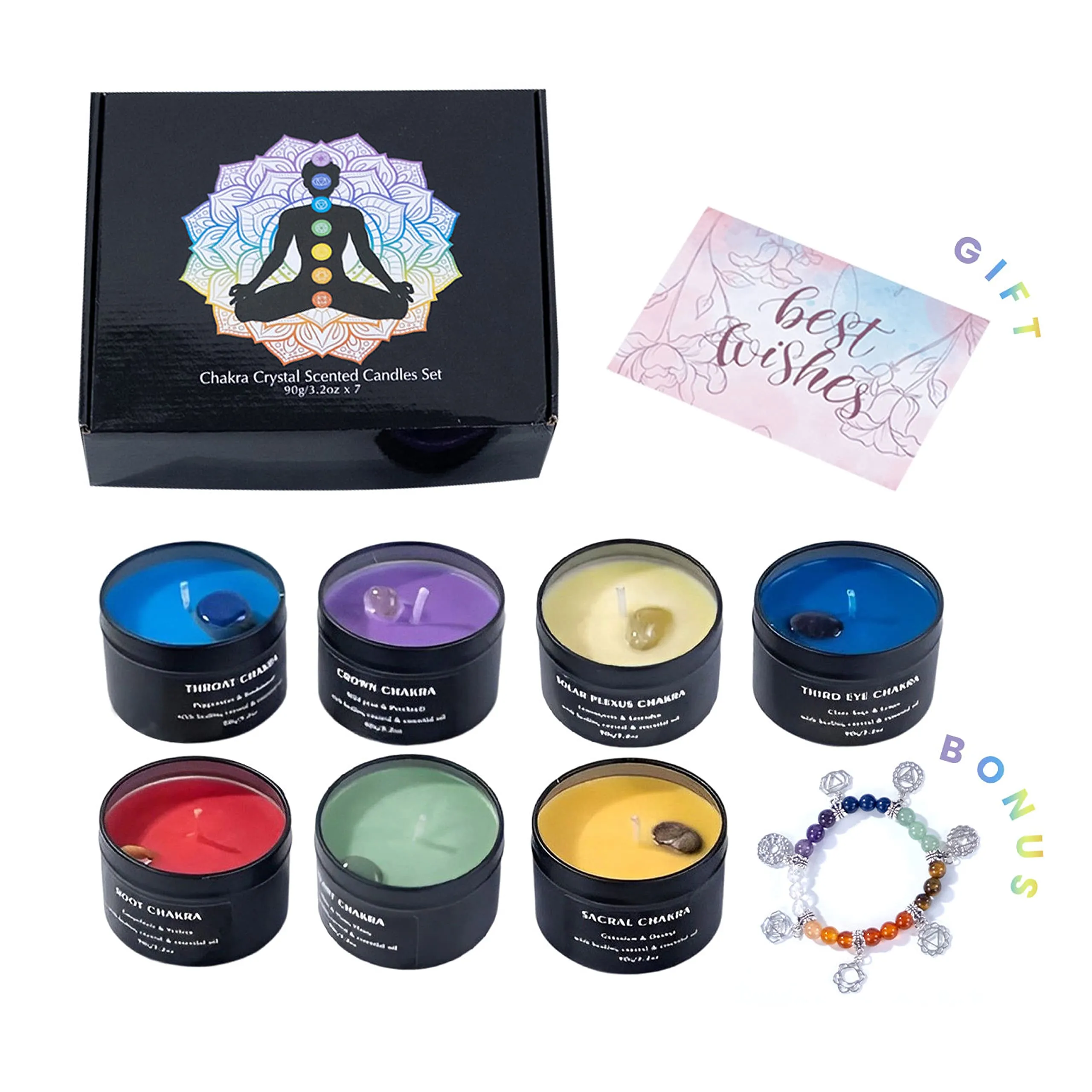 Chakra Candles Set with Healing Crystals & Bracelet for Yoga, Relaxation, Aromatherapy Gift