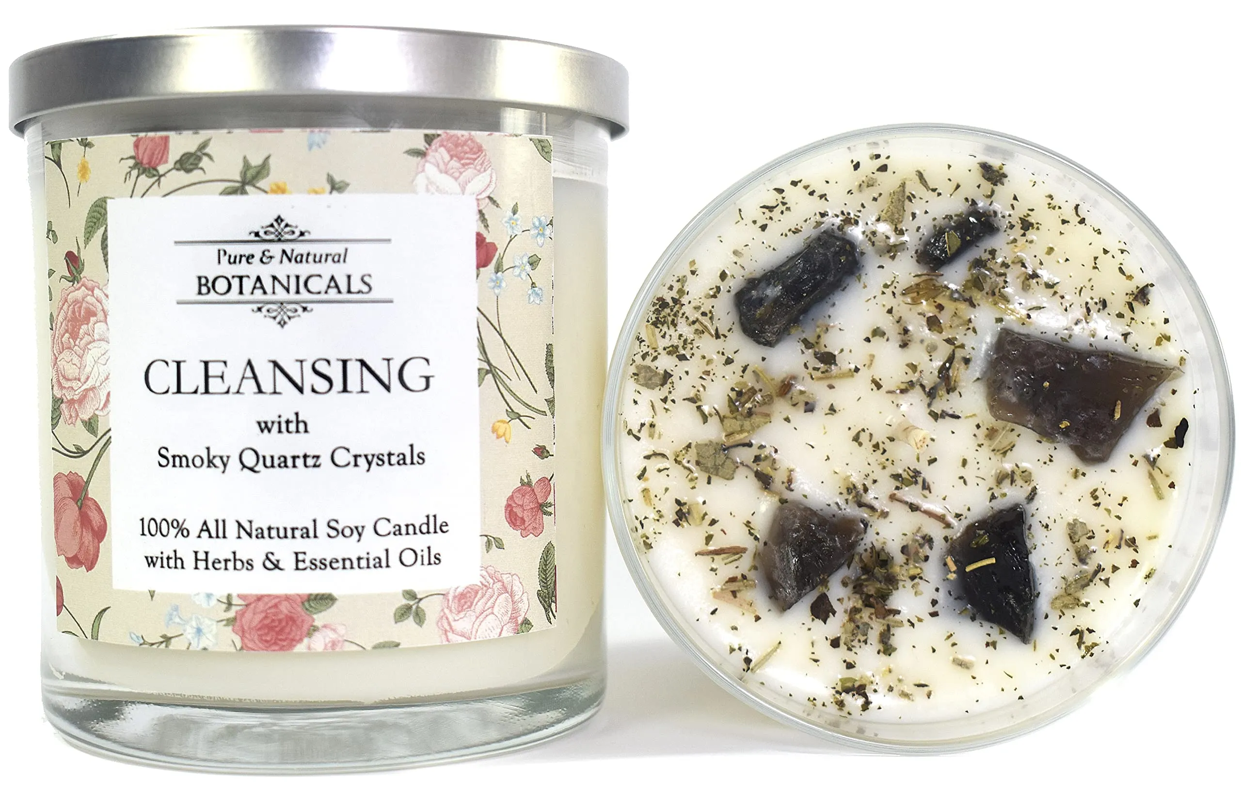 Cleansing Pure Natural Soy Candle 10 oz with Smoky Quartz, Lemon, Eucalyptus & Rosemary