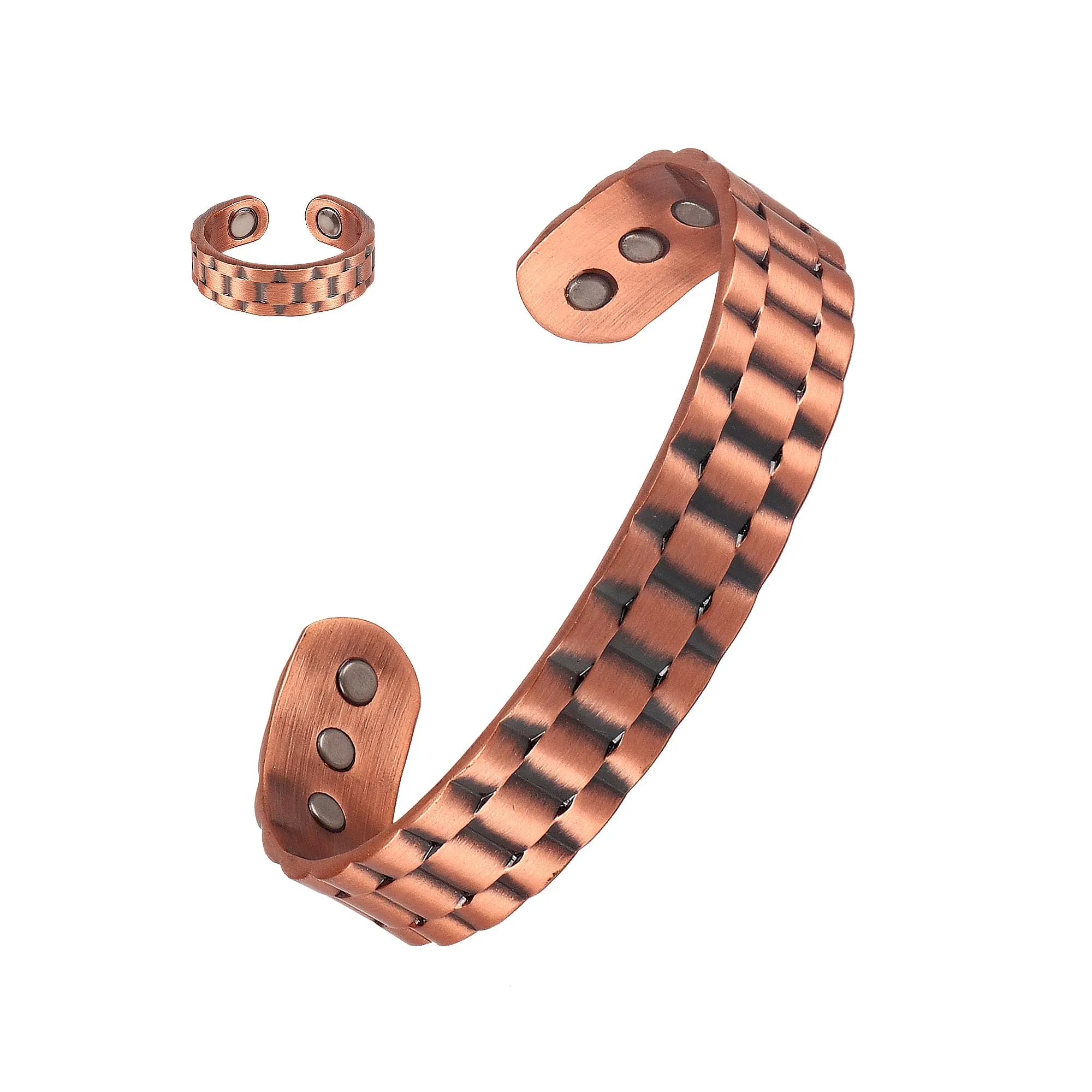 Copper Men's Bracelet & Ring Set, Adjustable 6-Piece 3500 Gauss Magnetic Copper Jewelry