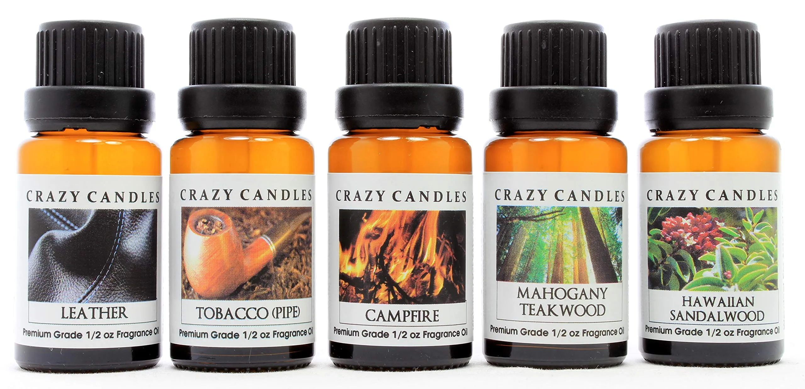 Crazy Candles 5 Bottles Set – Hawaiian Sandalwood, Mahogany Teakwood, Tobacco, Campfire & Leather