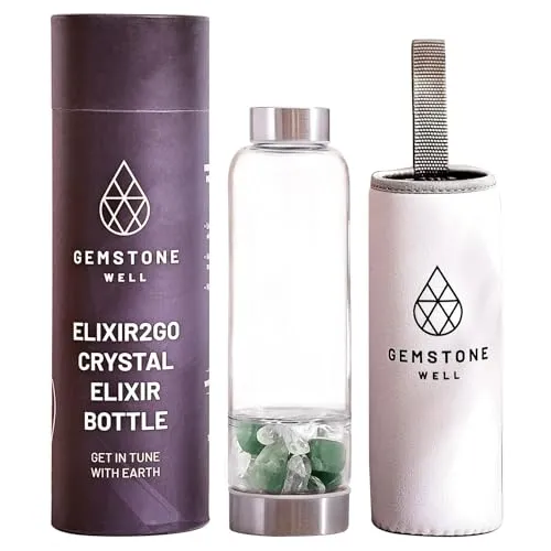 Crystal Water Bottle Elixir Set with Green Beryl & Clear Quartz, Black Neoprene Sleeve