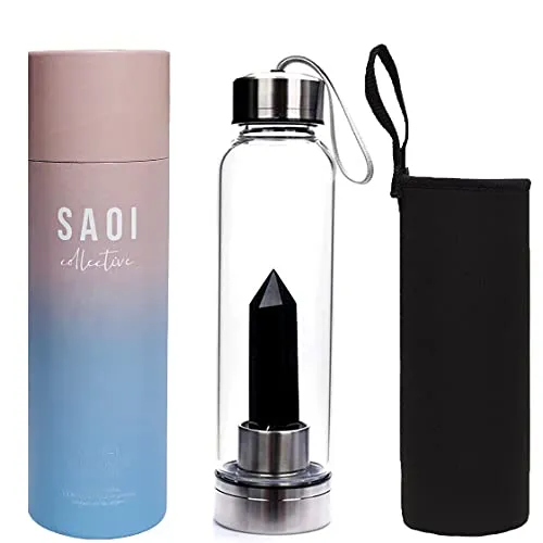 Crystal Water Bottle with Black Obsidian Infusion - Natural Wellness Glass & Stainless Steel