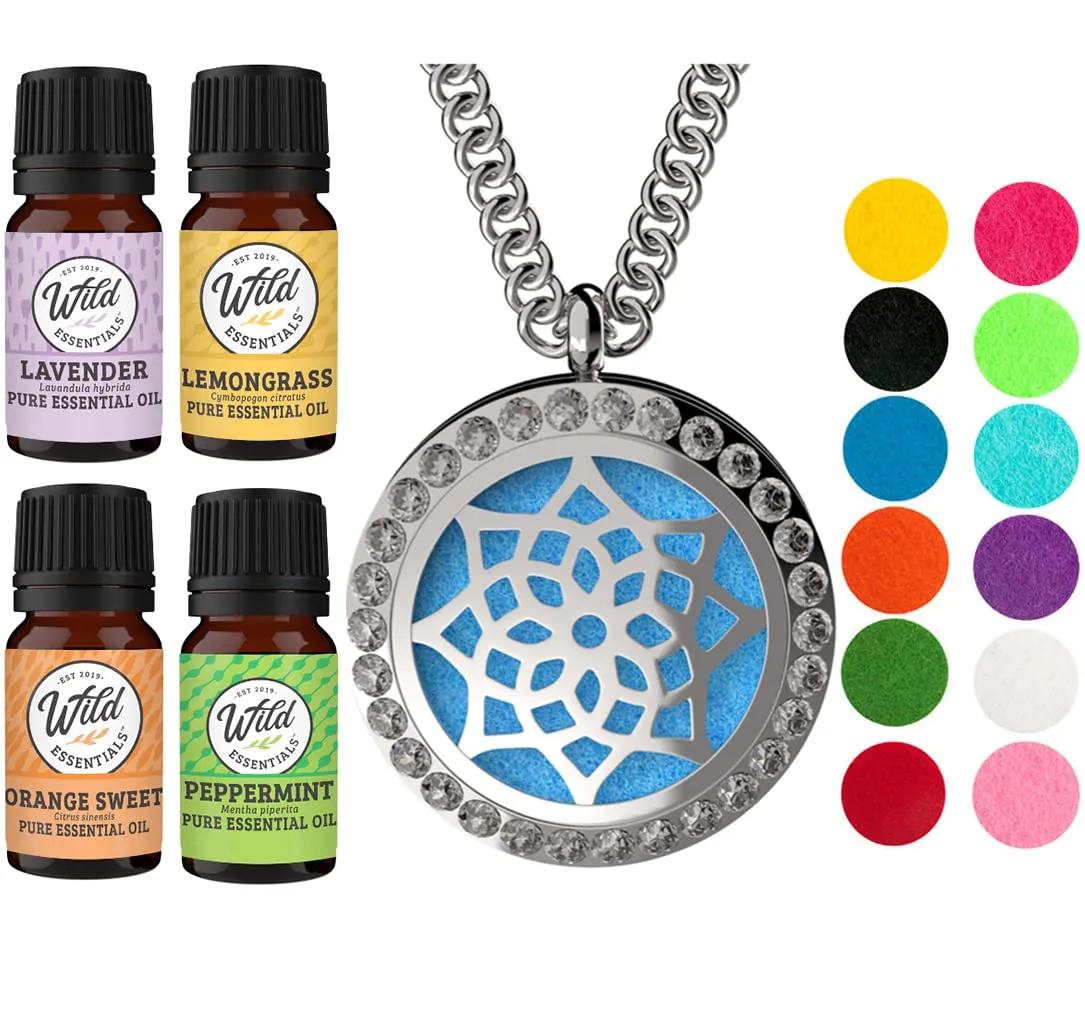 Cubic Zirconia Flower Essential Oil Diffuser Necklace Kit with Lavender, Lemongrass, and Peppermint