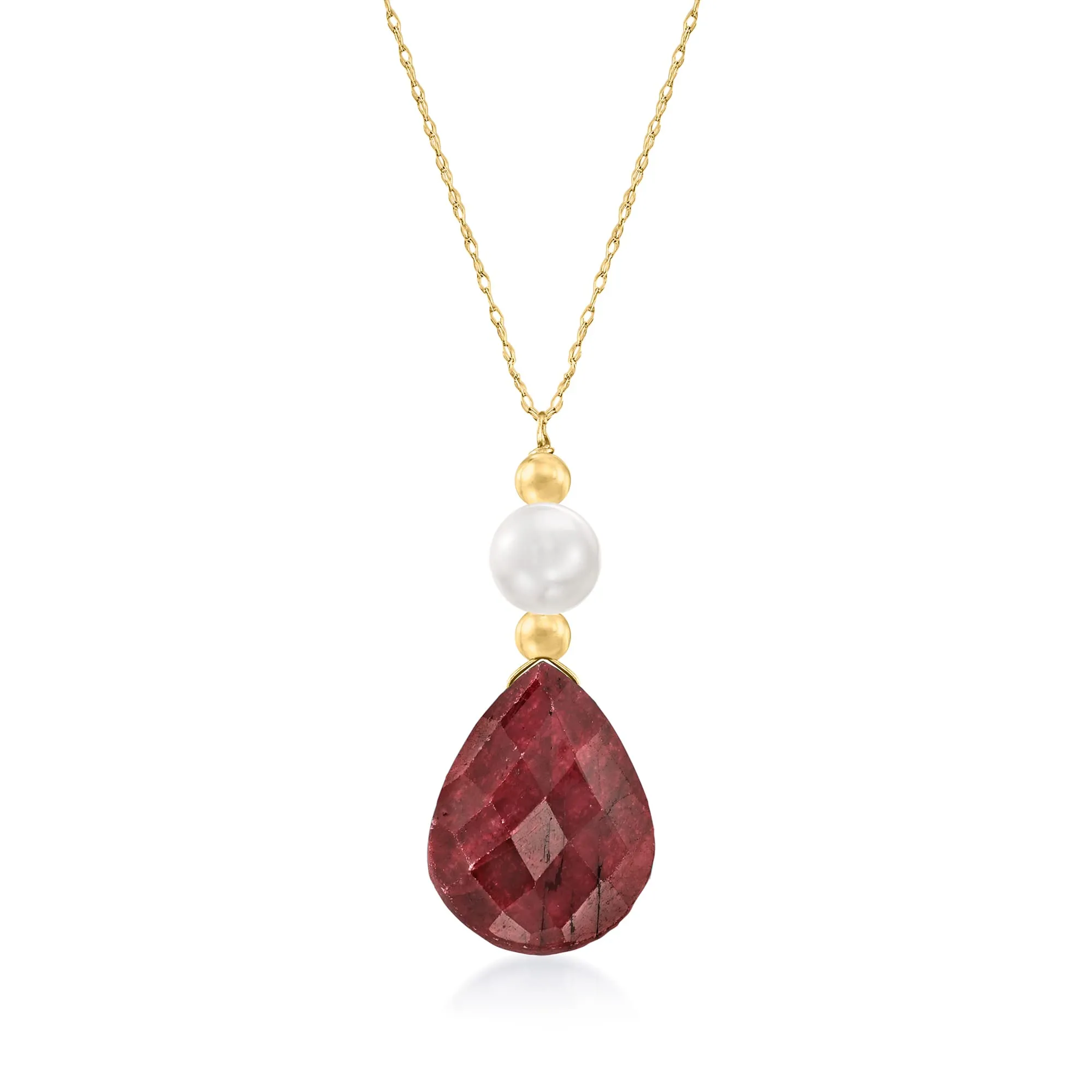 Cultured Pearl and Ruby Necklace in 14kt Yellow Gold with Blue Sapphire Pendant