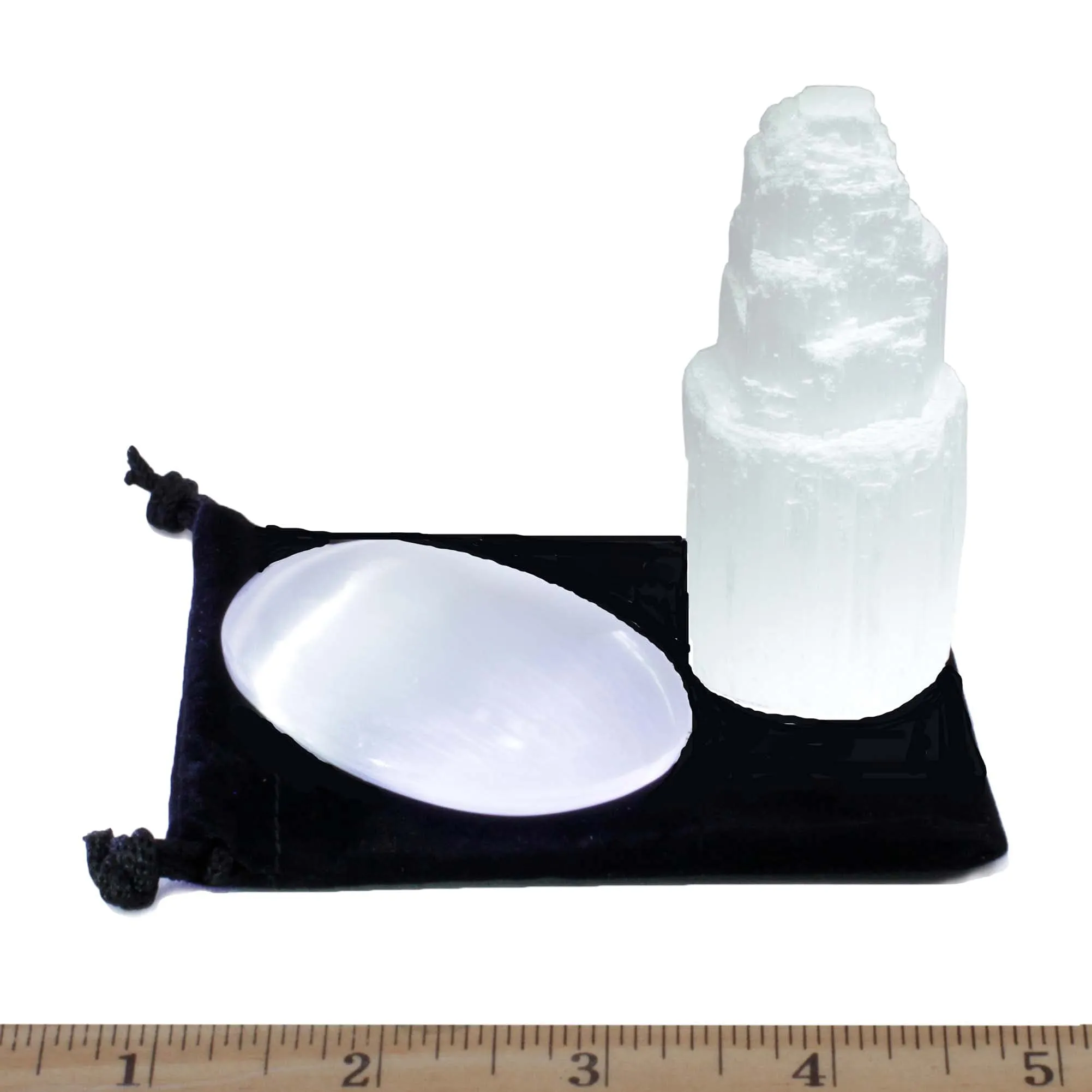 DANCING BEAR Selenite Tower & Palm Stone Set with Velvet Bag, Energy Balance & Protection