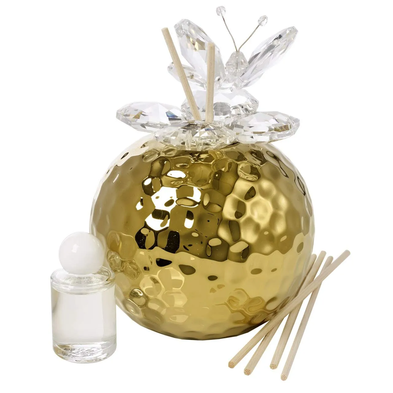 Debora Carlucci Gold Hammered Aromatherapy Diffuser with Crystal Butterfly Top & Wooden Wicks