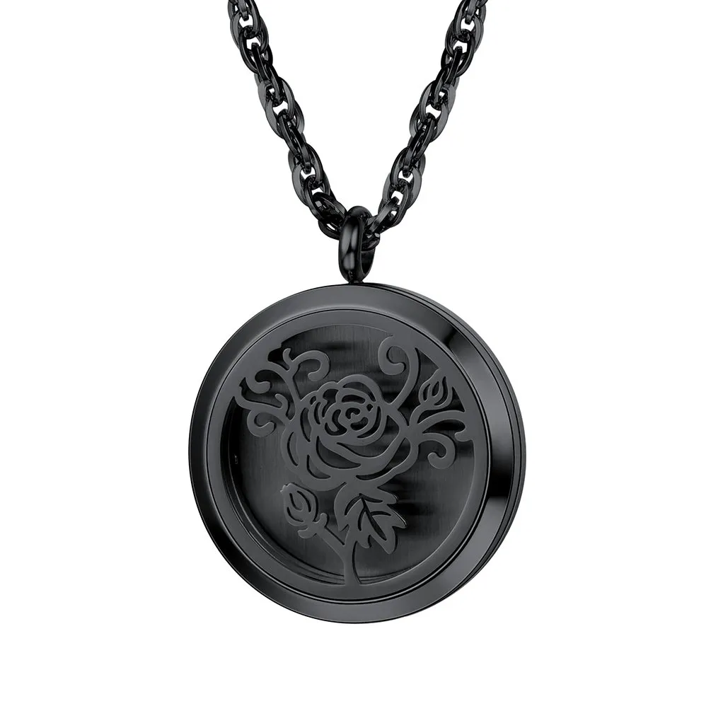 Diffuser Aromatherapy Necklace, Black Stainless Steel Perfume Locket Pendant with Rose Flower Charm