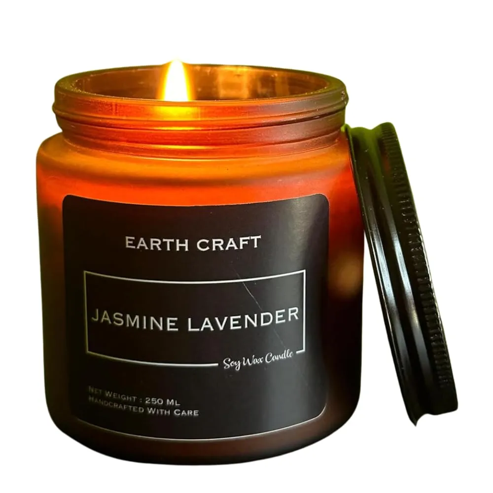 EARTH CRAFT Jasmine Lavender Aromatherapy Soy Candle - Handmade, Non-Toxic, Smokeless, 50-Hour Burn