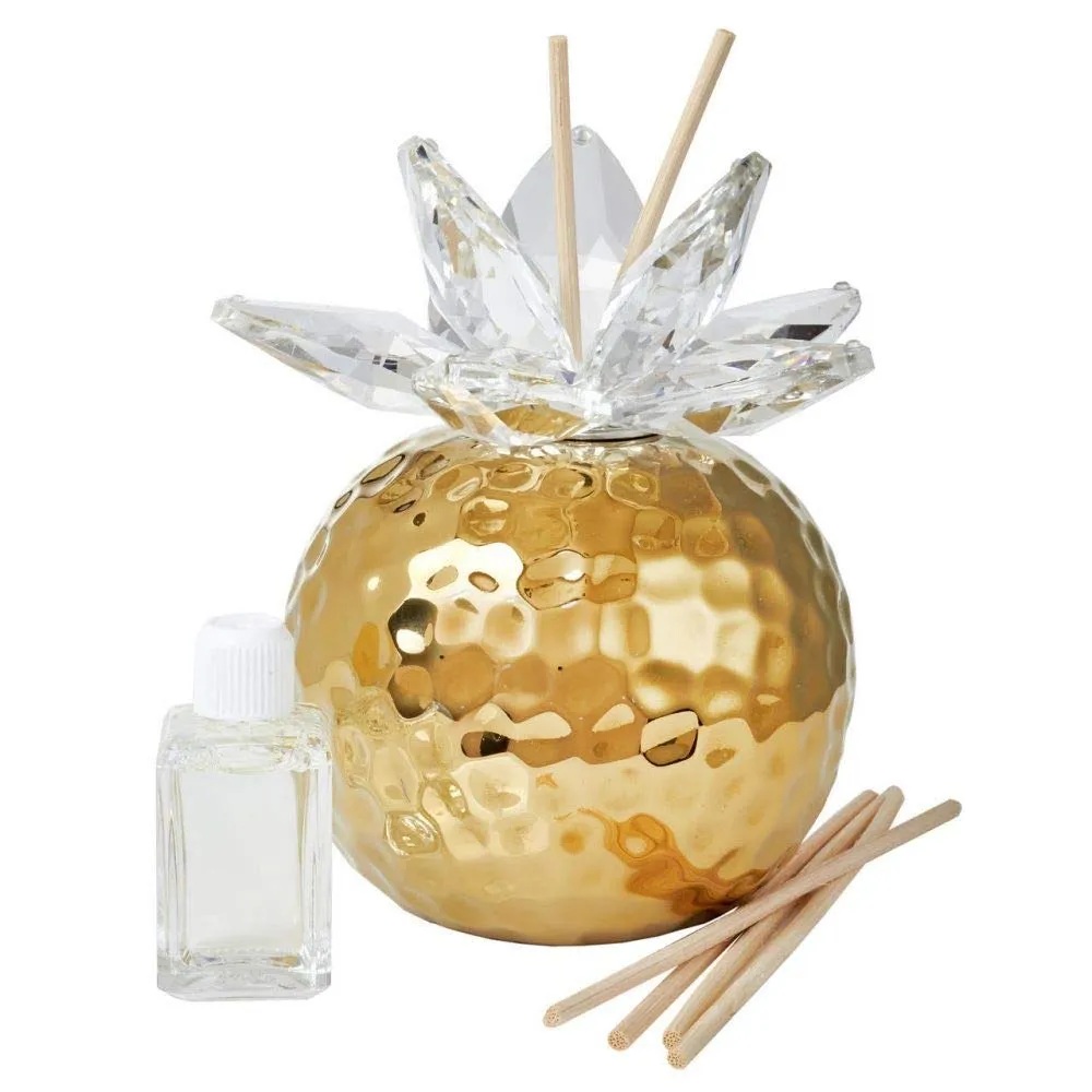 Elegant Italian Gold Hammered Aromatherapy Diffuser with Crystal Lotus Top and Wooden Wicks