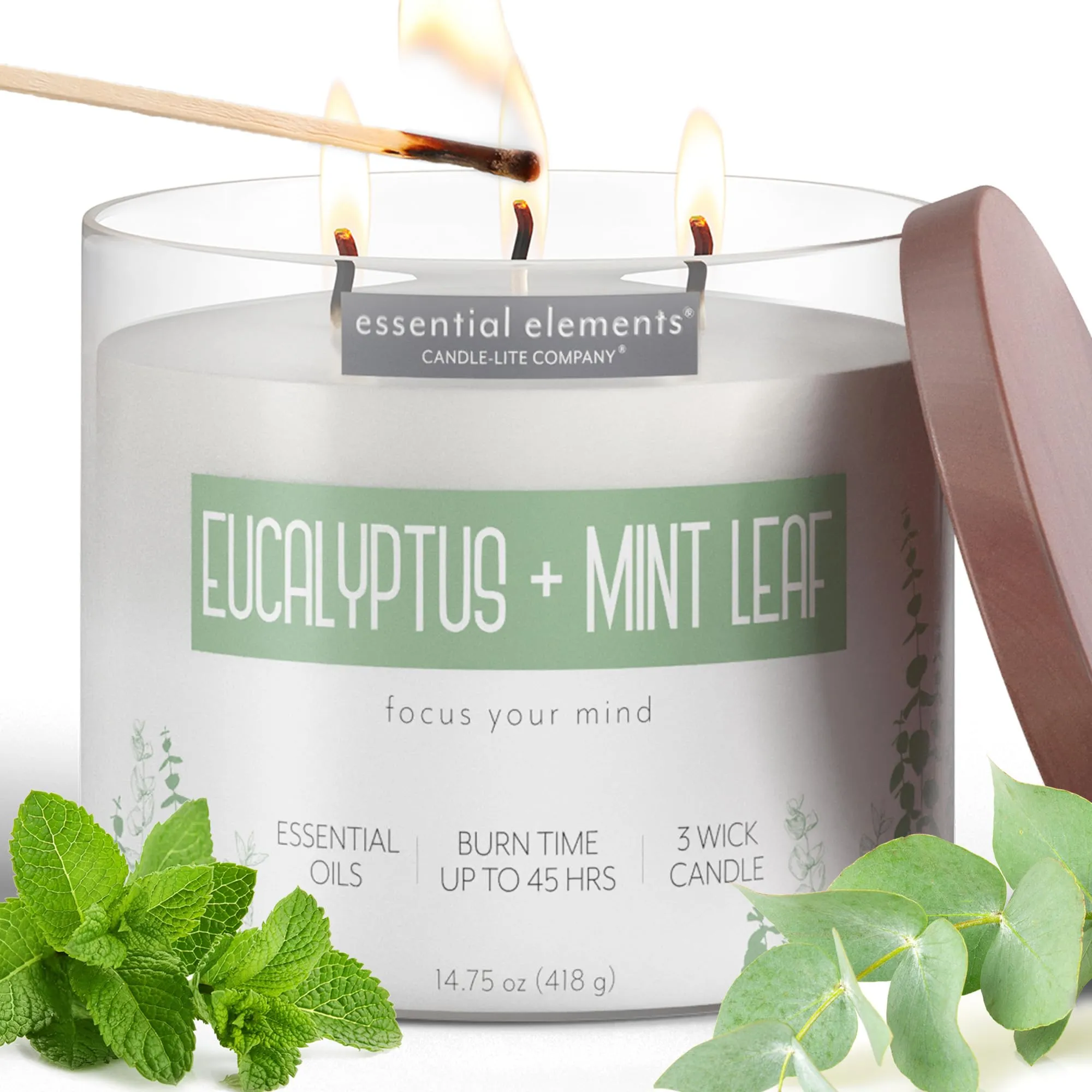 Essential Elements Eucalyptus & Mint Leaf Candle, 14.75 oz, 3-Wick Aromatherapy, Off-White